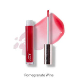 A 4.17ml tube of 100% Pure Lip Gloss in the shade Pomegranate Wine, shown with the applicator wand beside it and a swatch of rich red vegan color.