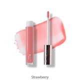 A 4.17ml tube of 100% Pure Lip Gloss and its applicator rest on a pink gloss smear, with the caption "Strawberry" below.