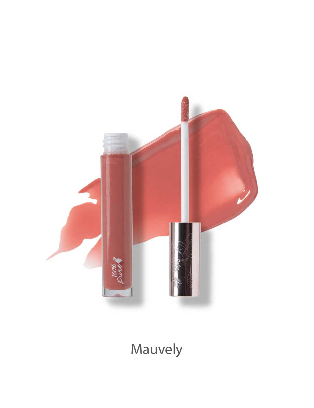 An open tube of 100% Pure Lip Gloss 4.17ml with its applicator wand and a mauve swatch behind, showing the vegan shade Mauvely. Enjoy a non-sticky shine by 100% Pure, shade name labeled underneath.