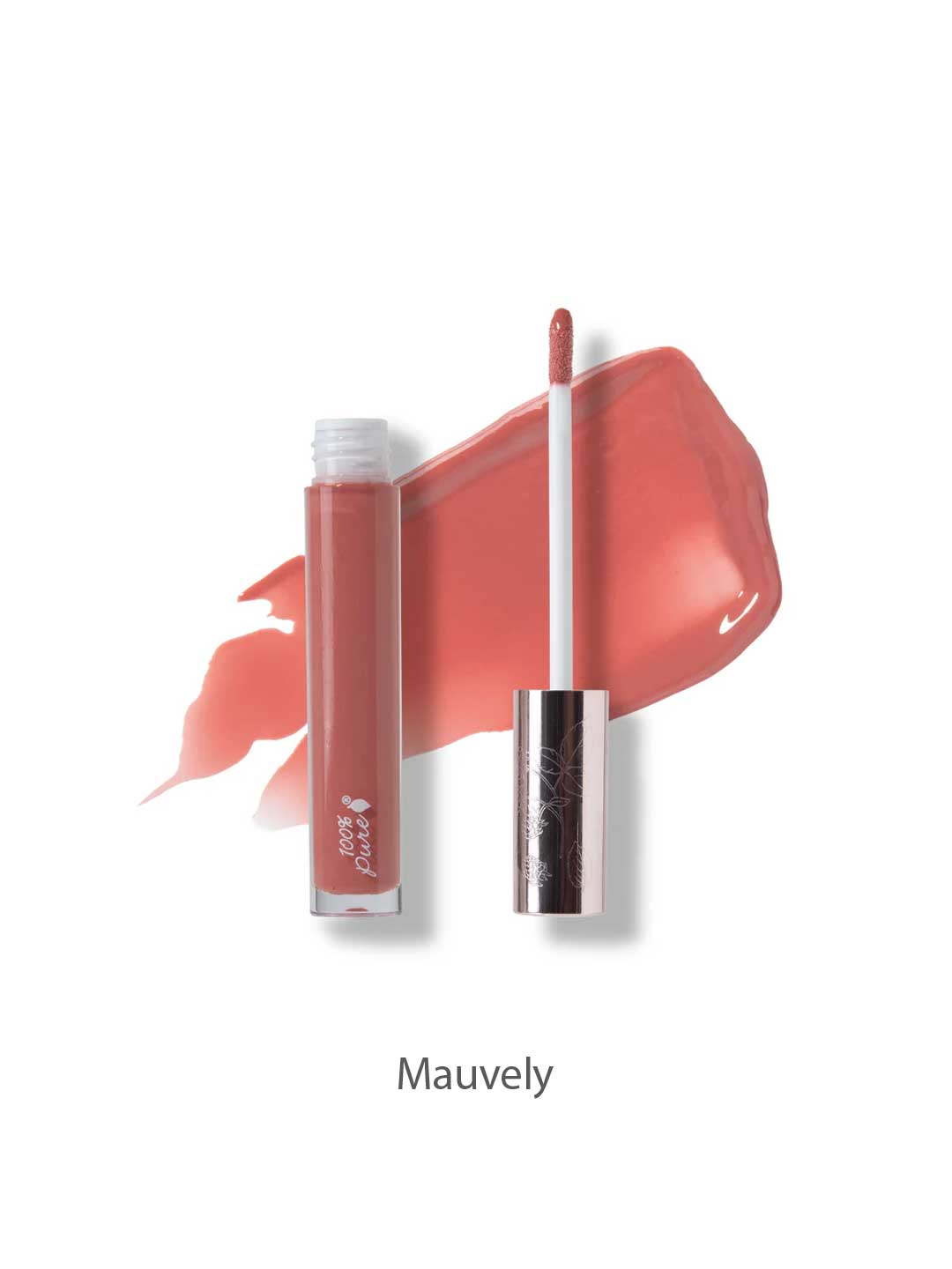 An open tube of 100% Pure Lip Gloss 4.17ml with its applicator wand and a mauve swatch behind, showing the vegan shade Mauvely. Enjoy a non-sticky shine by 100% Pure, shade name labeled underneath.