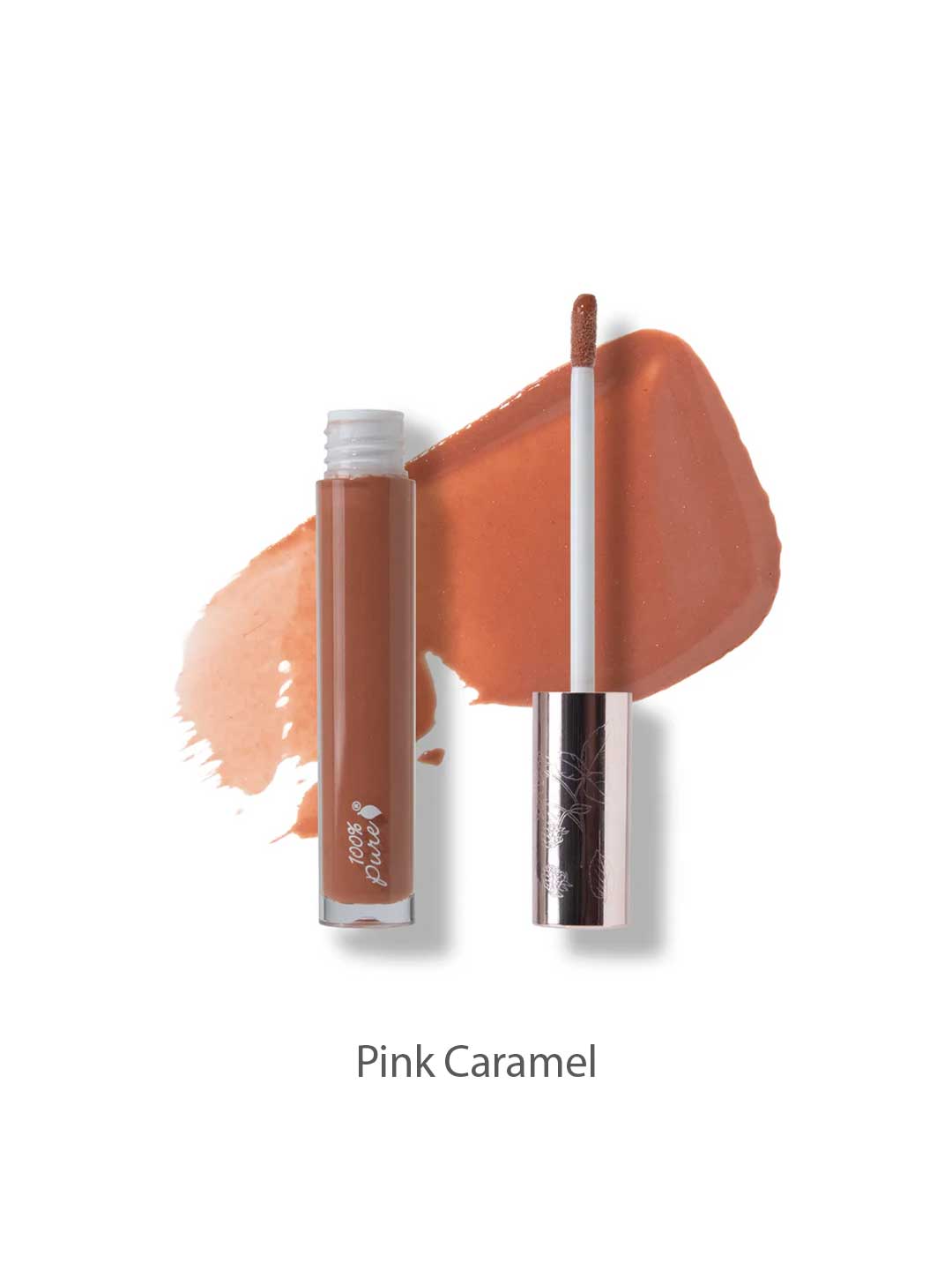 A 4.17ml tube of 100% Pure Lip Gloss in Pink Caramel with its applicator beside it, set against a caramel-pink swatch. Enjoy the vegan, non-sticky formula and flawless shine from 100% Pure.