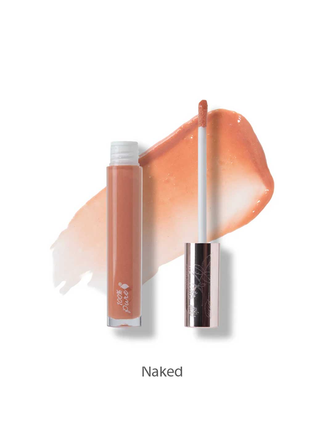 A tube of 100% Pure Lip Gloss 4.17ml in a peachy nude shade, with the applicator wand beside it and a swipe of its non-sticky shine in the background. The shade name "Naked" is shown below. Brand: 100% Pure.