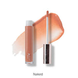 A tube of 100% Pure Lip Gloss 4.17ml in a peachy nude shade, with the applicator wand beside it and a swipe of its non-sticky shine in the background. The shade name "Naked" is shown below. Brand: 100% Pure.