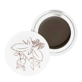 An open 100% Pure Long Last Brows 4.5g container with a white lid featuring a brown floral design. Inside is a dark brown vegan brow gel by 100% Pure, formulated for long-lasting brows.