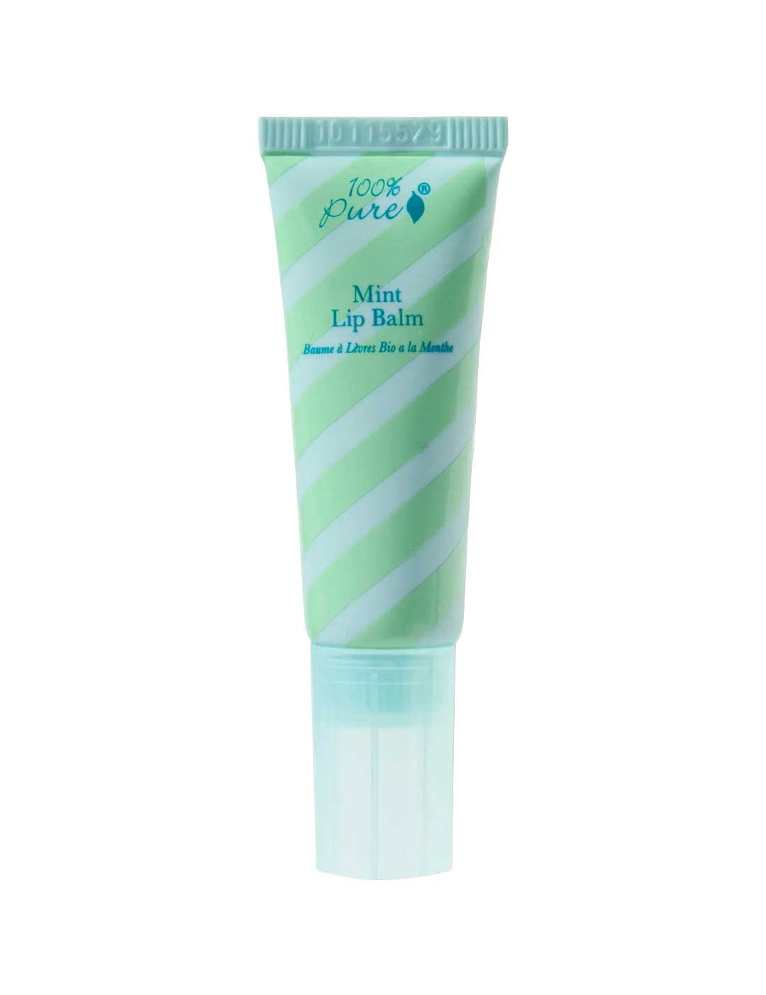 An 8ml tube of 100% Pure Organic Mint Lip Balm by 100% Pure, featuring light green and white diagonal stripes, blue text, and a clear cap. The upright product is shown against a white background.