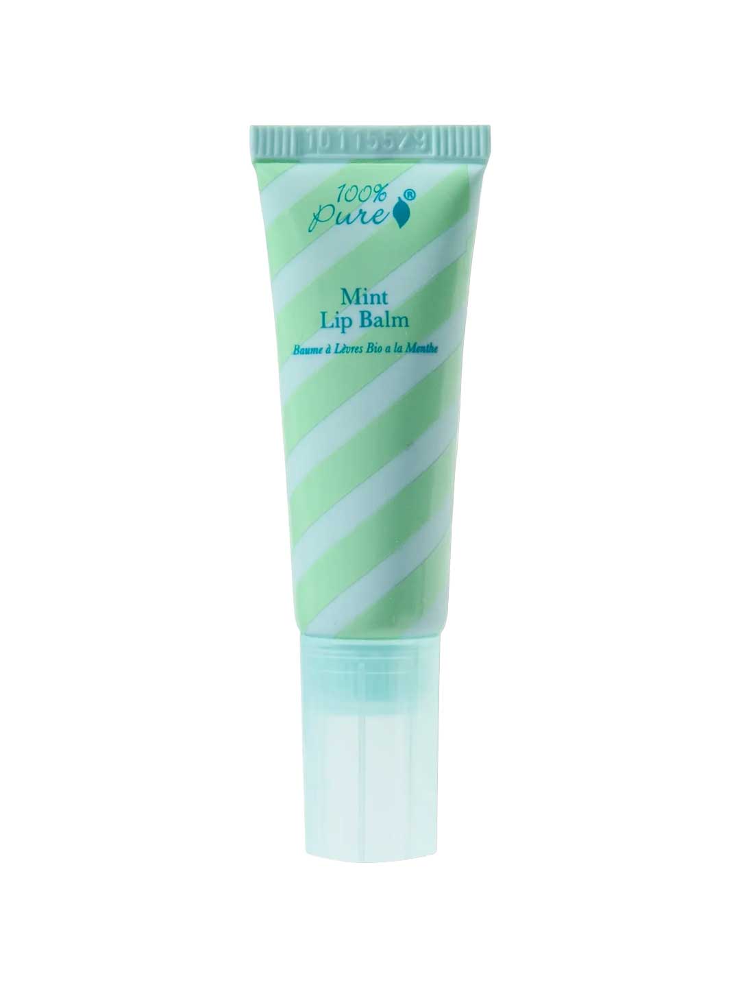 An 8ml tube of 100% Pure Organic Mint Lip Balm by 100% Pure, featuring light green and white diagonal stripes, blue text, and a clear cap. The upright product is shown against a white background.