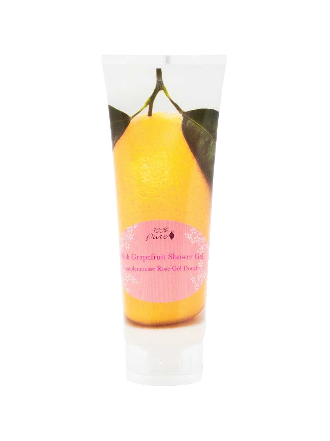 A 236ml tube of 100% Pure Pink Grapefruit Shower Gel with a large grapefruit graphic and pink label—this vegan shower gel nourishes, refreshes, and invigorates your skin.