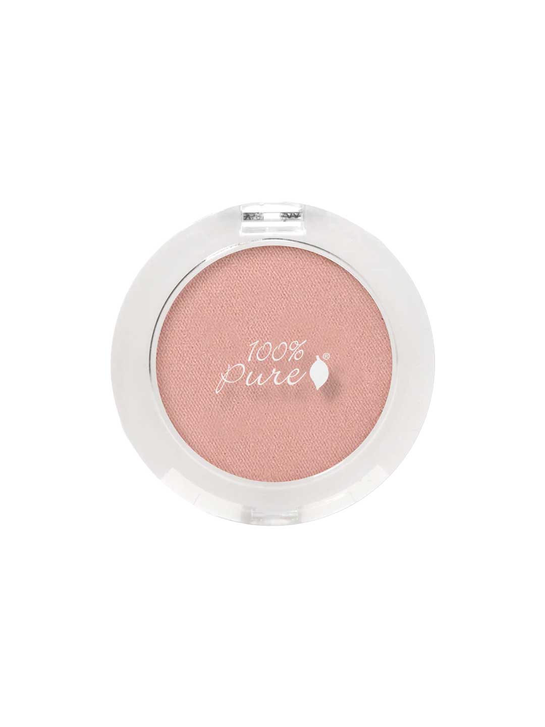 A round, pink pressed eye shadow compact with a clear lid shows "100% Pure" and a leaf logo on top. This vegan eye shadow features natural mineral shimmer. The 2g compact is viewed from above on a white background.