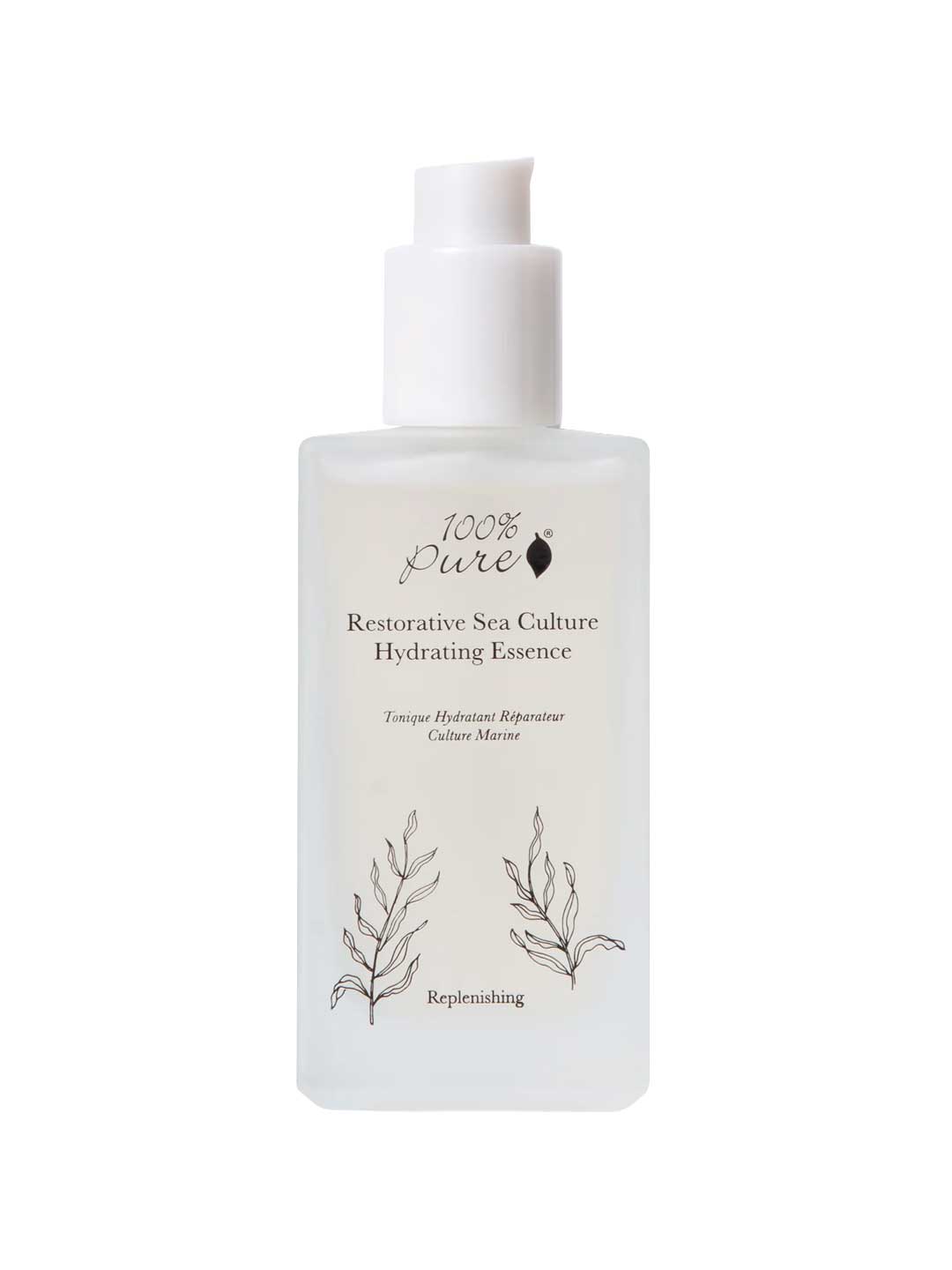 A clear bottle with a white pump labeled 100% Pure Restorative Sea Culture Hydrating Toner 100ml, featuring botanical illustrations and a minimalistic design, contains a transparent toner infused with seaweed and hyaluronic acid.