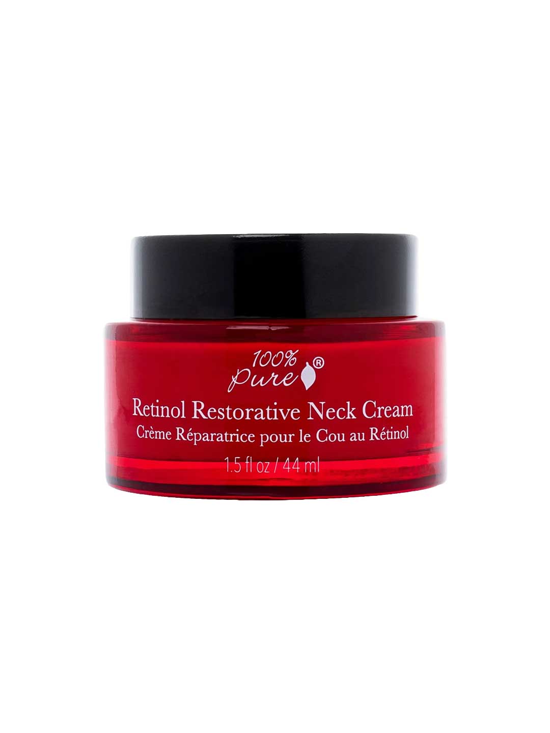 A red jar of 100% Pure Retinol Restorative Neck Cream 44ml, an anti-ageing neck treatment with English and French labels, is displayed against a white background.