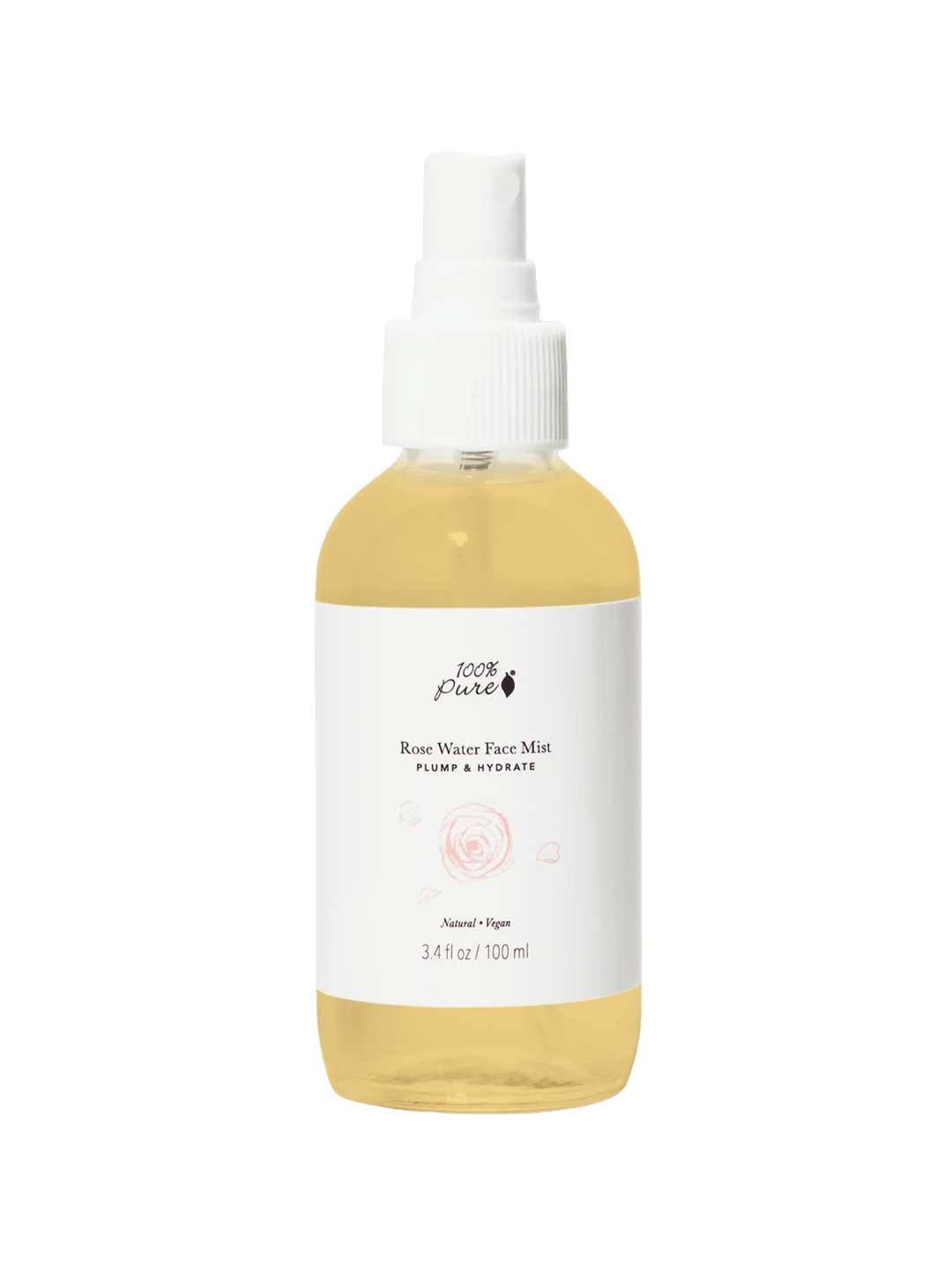 A clear spray bottle of 100% Pure Rose Water Face Mist 100ml, with a white cap, holds light yellow liquid. The label has a rose image and states it's a natural, vegan facial toner and makeup setting spray.