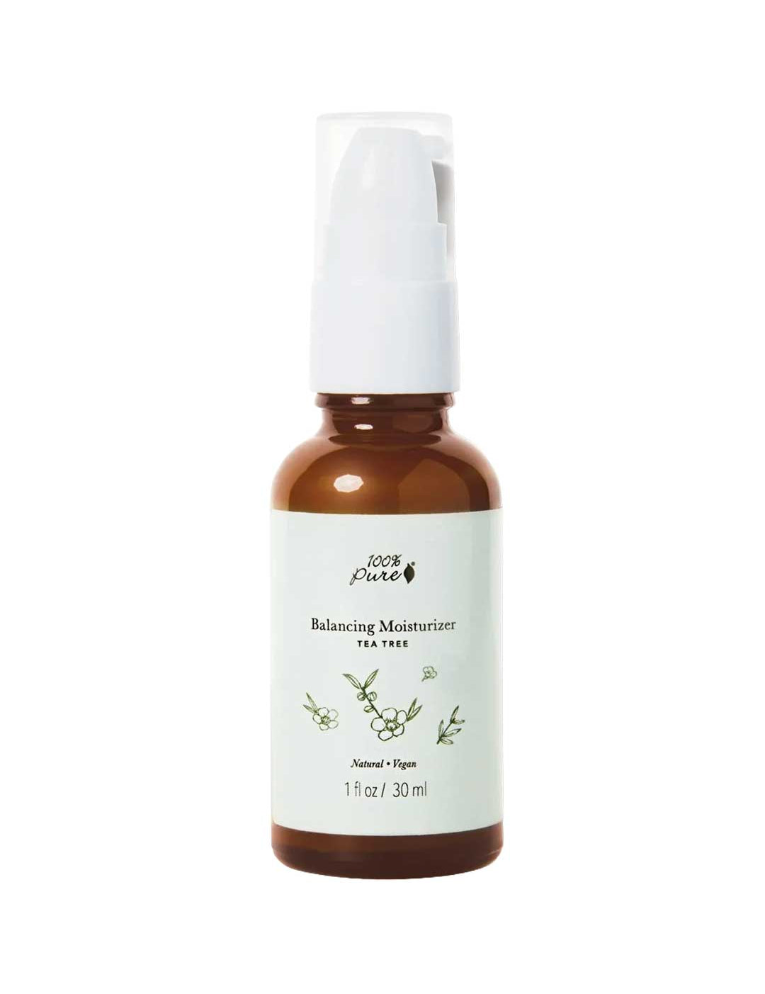 A 30ml brown bottle of 100% Pure Tea Tree Balancing Moisturiser, ideal for acne-prone skin, with a white pump and a light green botanically illustrated label.