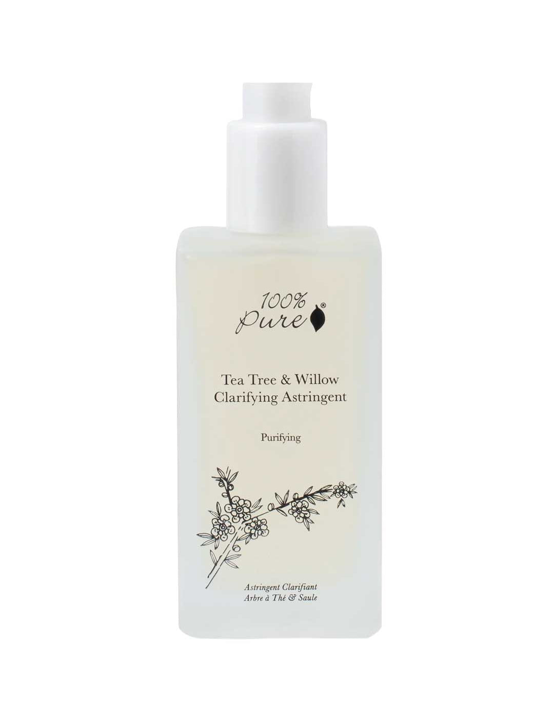 100% Pure Tea Tree & Willow Clarifying Astringent 118ml features a white pump and black floral design, formulated to purify and clarify acne-prone skin with potent tea tree oil.
