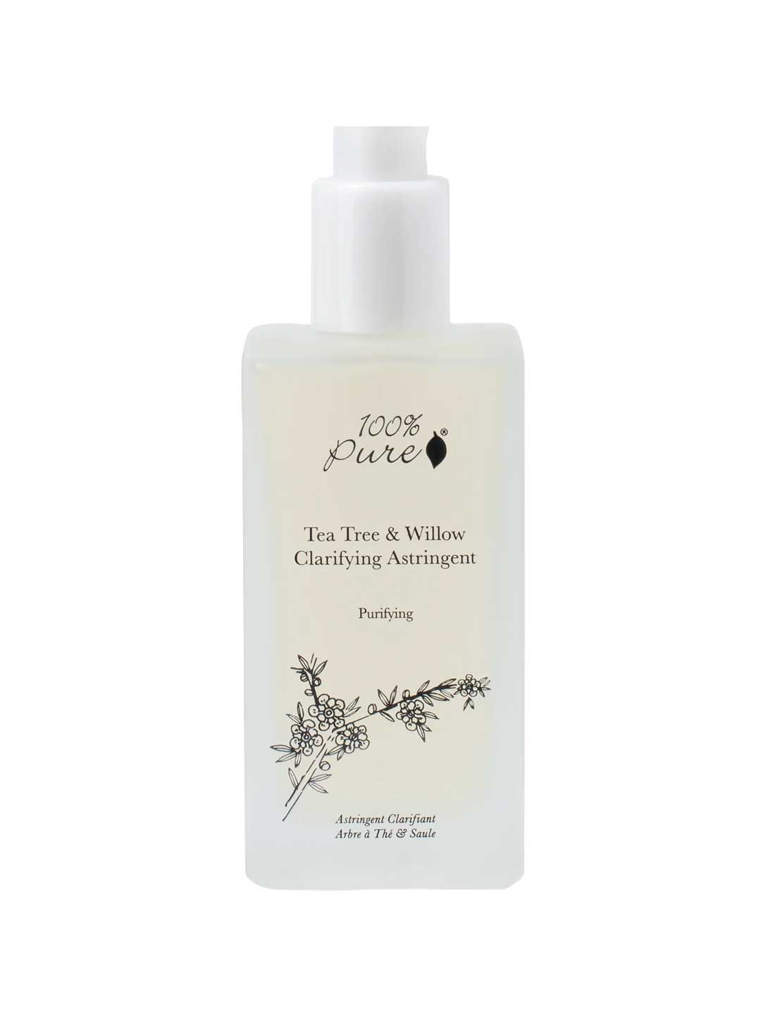 100% Pure Tea Tree & Willow Clarifying Astringent 118ml features a white pump and black floral design, formulated to purify and clarify acne-prone skin with potent tea tree oil.