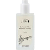100% Pure Tea Tree & Willow Clarifying Astringent 118ml features a white pump and black floral design, formulated to purify and clarify acne-prone skin with potent tea tree oil.