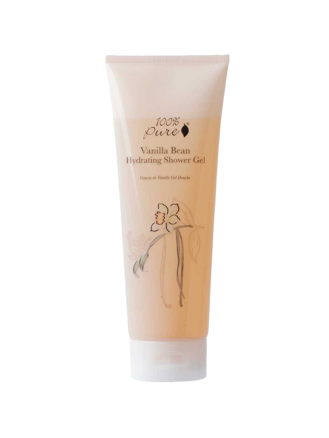 The 100% Pure Vanilla Bean Shower Gel 236ml comes in a beige tube with brown and gold floral graphics, featuring a vanilla flower and bean. Its sulfate-free formula is perfect for sensitive skin. Brand: 100% Pure.