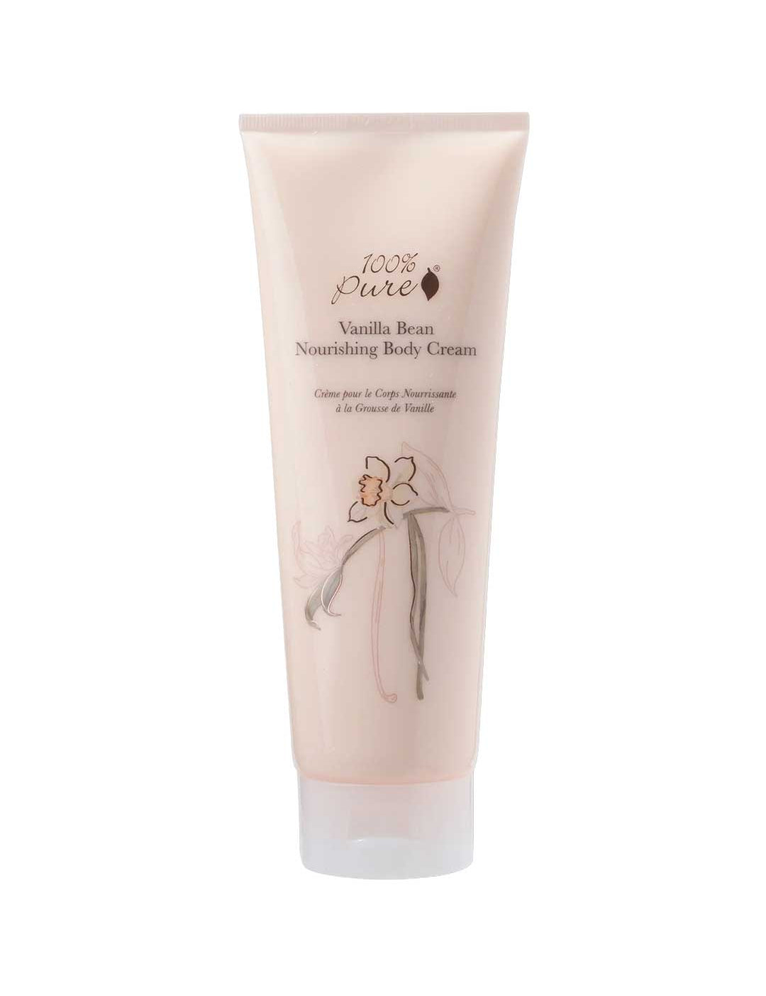A beige tube labeled 100% Pure Vanilla Bean Nourishing Body Cream 236ml from 100% Pure, featuring a simple flower illustration. This hydrating lotion with cocoa butter moisturizes and nourishes the skin. Contains 8 fl oz (236ml).