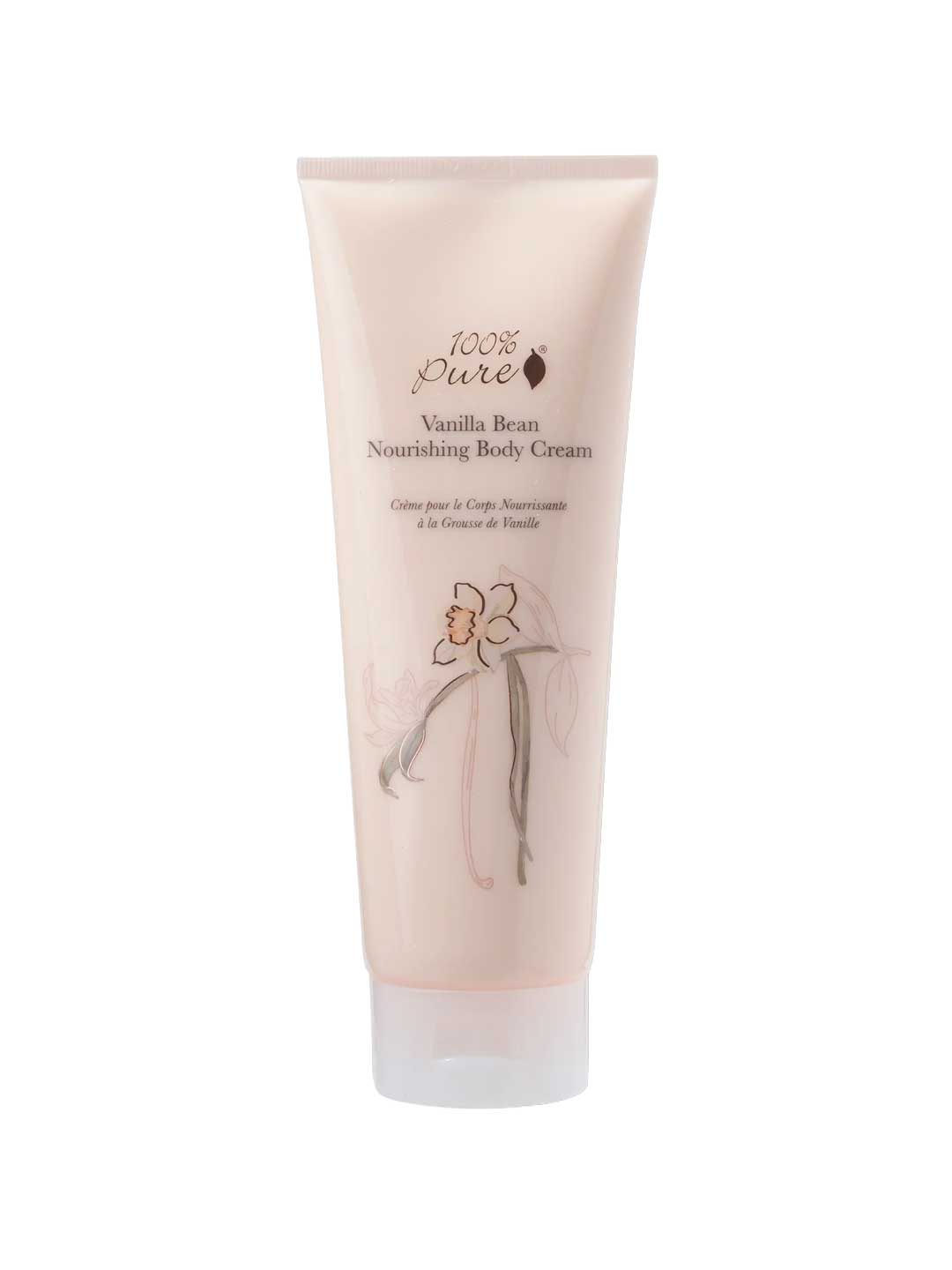 A beige tube labeled 100% Pure Vanilla Bean Nourishing Body Cream 236ml from 100% Pure, featuring a simple flower illustration. This hydrating lotion with cocoa butter moisturizes and nourishes the skin. Contains 8 fl oz (236ml).