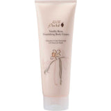 A beige tube labeled 100% Pure Vanilla Bean Nourishing Body Cream 236ml from 100% Pure, featuring a simple flower illustration. This hydrating lotion with cocoa butter moisturizes and nourishes the skin. Contains 8 fl oz (236ml).