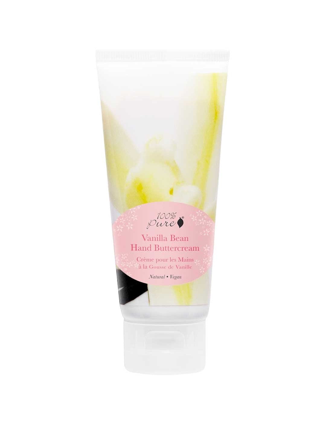 A 57g tube of 100% Pure Vanilla Bean Buttercream Hand Cream with a pink label and white cap features English and French details, emphasizing its deeply moisturizing, natural, and vegan formula.