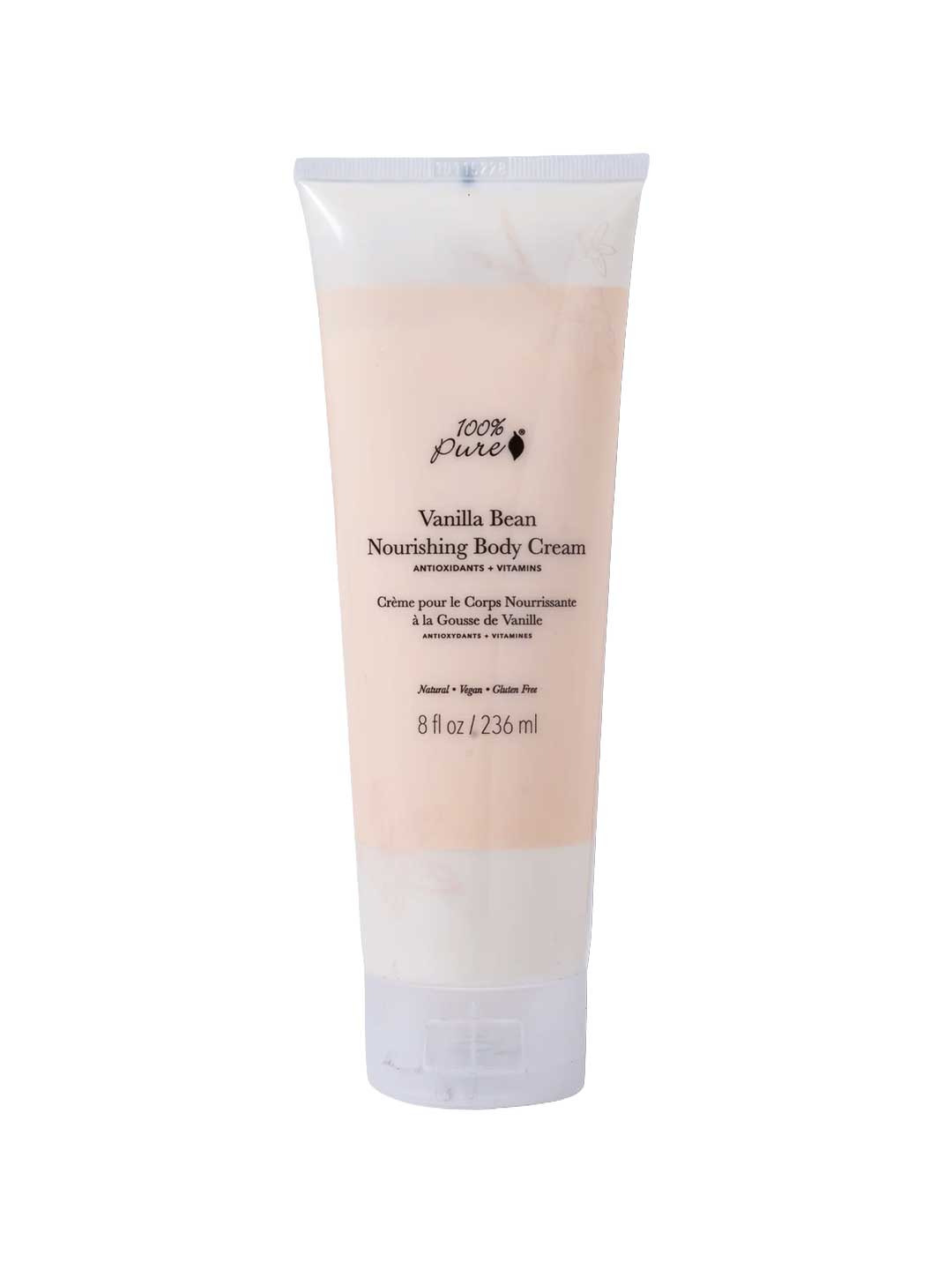 A 236ml tube of 100% Pure Vanilla Bean Nourishing Body Cream with a white and beige design. This hydrating lotion is infused with nourishing ingredients for soft, smooth skin.