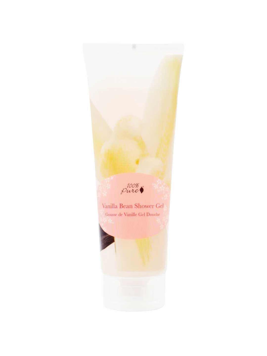 100% Pure Vanilla Bean Shower Gel 236ml comes in a clear plastic tube with a pale yellow, sulfate-free formula and a pink label with white text and bun designs—ideal for sensitive skin.