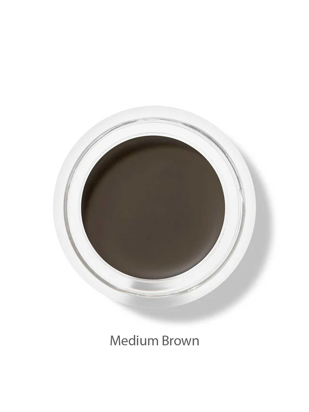 A top view of the 100% Pure Long Last Brows 4.5g by 100% Pure, a small round container filled with medium brown natural brow gel, labeled "Medium Brown" on a white background.