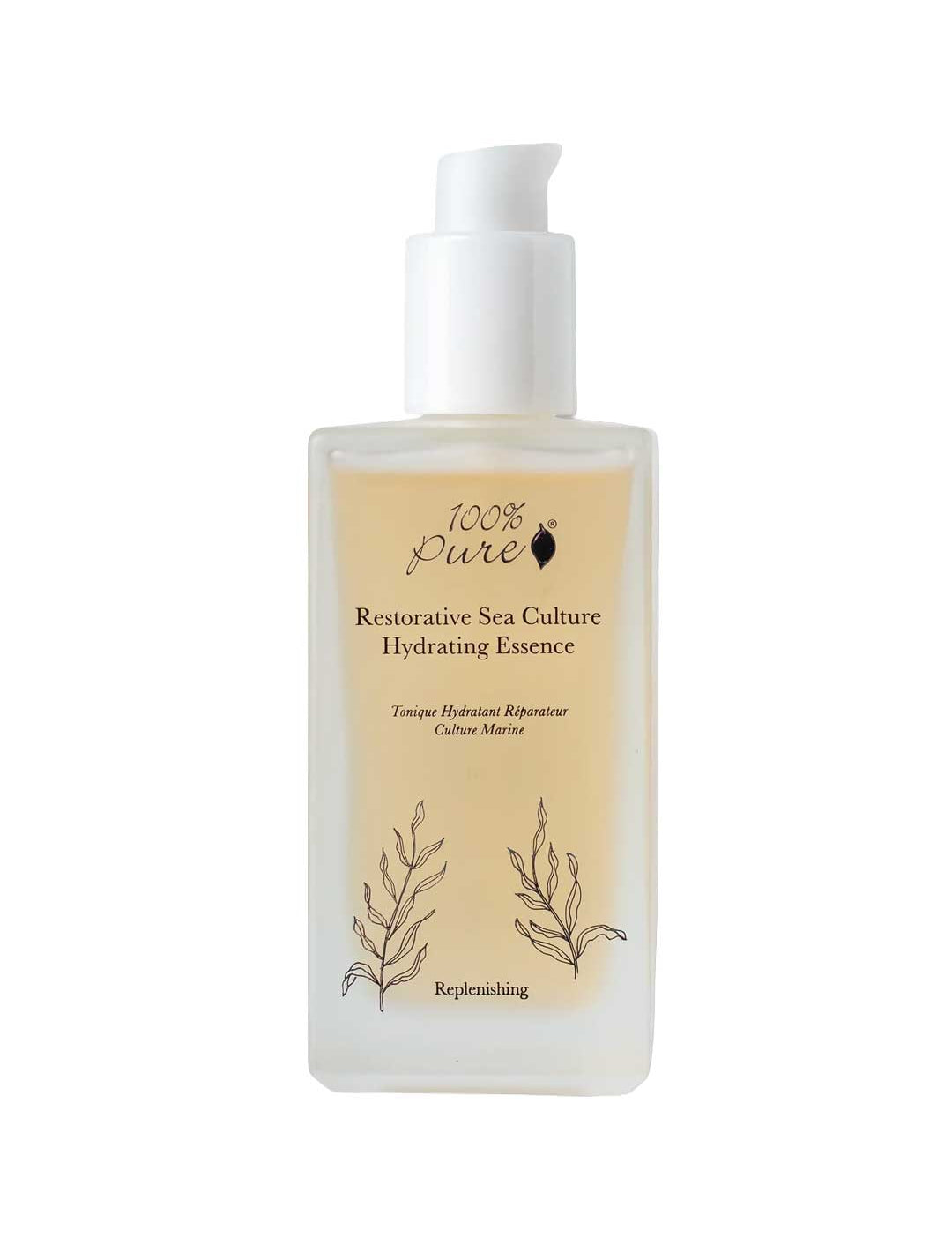 A clear pump bottle labeled 100% Pure Restorative Sea Culture Hydrating Toner 100ml, featuring botanical designs and light yellow liquid—this seaweed-based toner by 100% Pure deeply hydrates and replenishes skin.