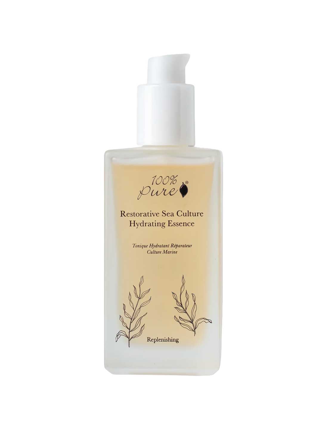 A clear pump bottle labeled 100% Pure Restorative Sea Culture Hydrating Toner 100ml, featuring botanical designs and light yellow liquid—this seaweed-based toner by 100% Pure deeply hydrates and replenishes skin.