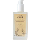 A clear pump bottle labeled 100% Pure Restorative Sea Culture Hydrating Toner 100ml, featuring botanical designs and light yellow liquid—this seaweed-based toner by 100% Pure deeply hydrates and replenishes skin.