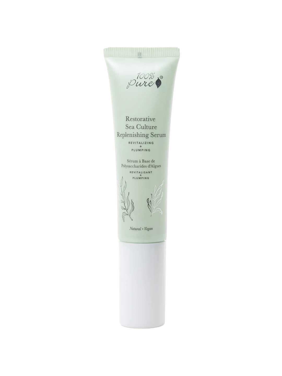 A light green 30ml tube of 100% Pure Restorative Sea Culture Replenishing Serum with a white cap and minimal black text. Enriched with seaweed polysaccharides for hydrating, dewy skin.