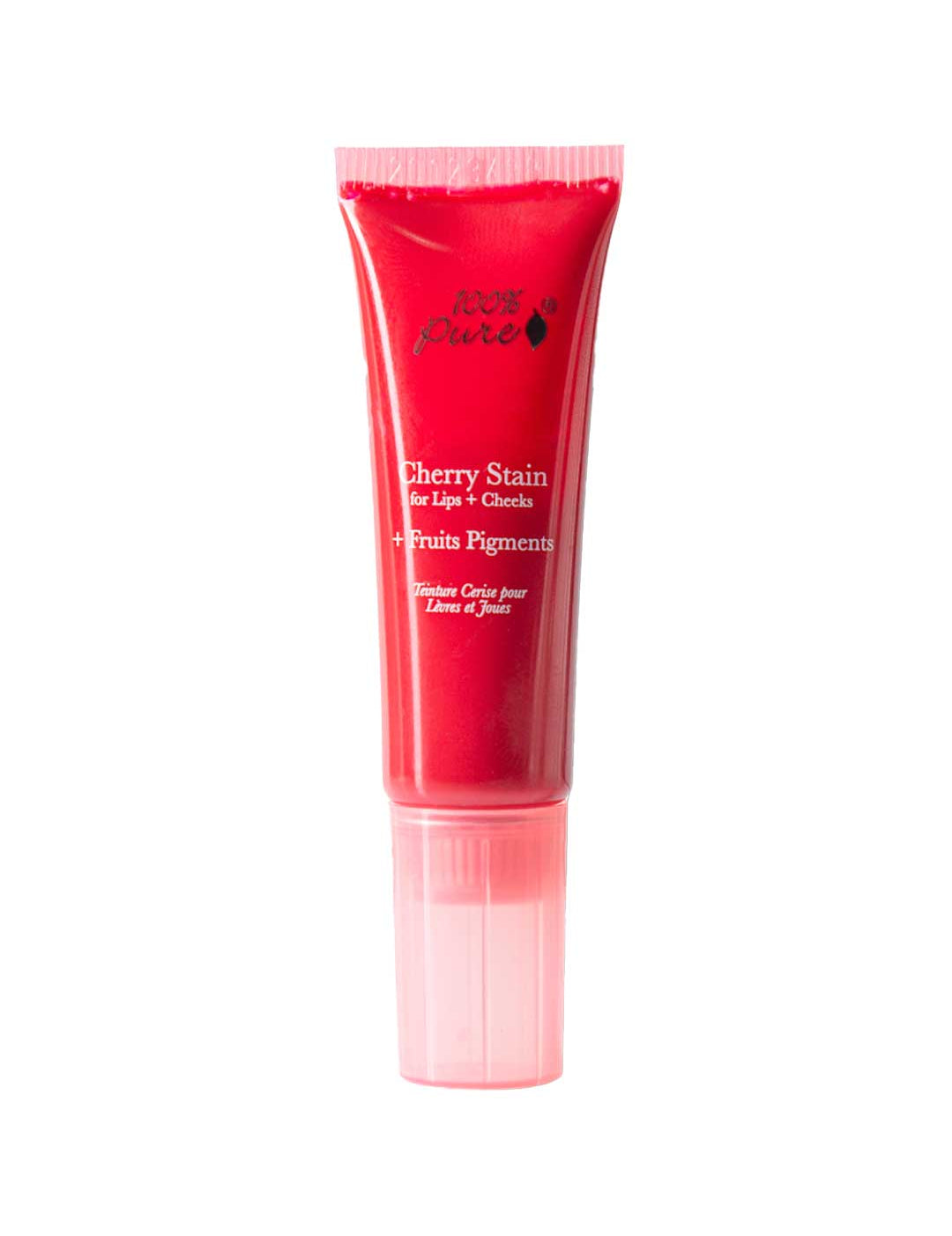 An 8ml tube of 100% Pure Cherry Lip & Cheek Stain by 100% Pure, with fruit pigments, bright red packaging, and a clear cap, stands upright on a white background for a vegan, natural-looking flush.
