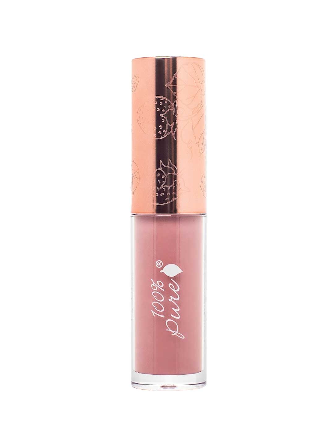 A tube of 100% Pure Lip Gloss with a rose gold cap, botanical design, and clear body revealing pink-mauve gloss, enriched with vitamin E and pomegranate oil for nourishment.