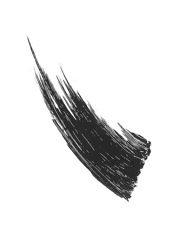 A single, bold black brushstroke sweeps up diagonally on white, with rough edges and bristle texture—evoking the dramatic effect of 100% Pure Maracuja Mascara 10g by 100% Pure.
