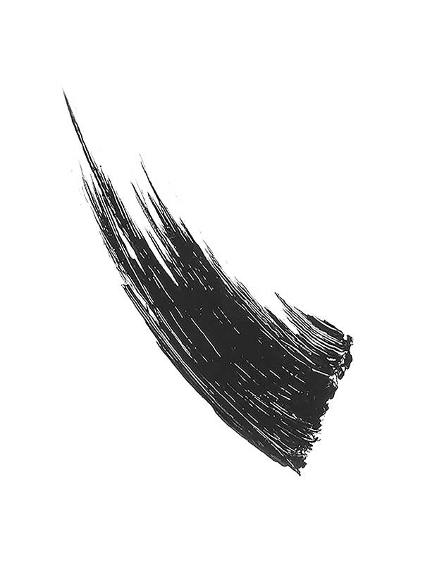 A single, bold black brushstroke sweeps up diagonally on white, with rough edges and bristle texture—evoking the dramatic effect of 100% Pure Maracuja Mascara 10g by 100% Pure.