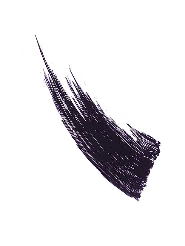 A single, bold black brushstroke arcs upward on white, with textured bristle marks and uneven edges—evoking the dramatic impact of 100% Pure Maracuja Oil Volumising Mascara 10g.