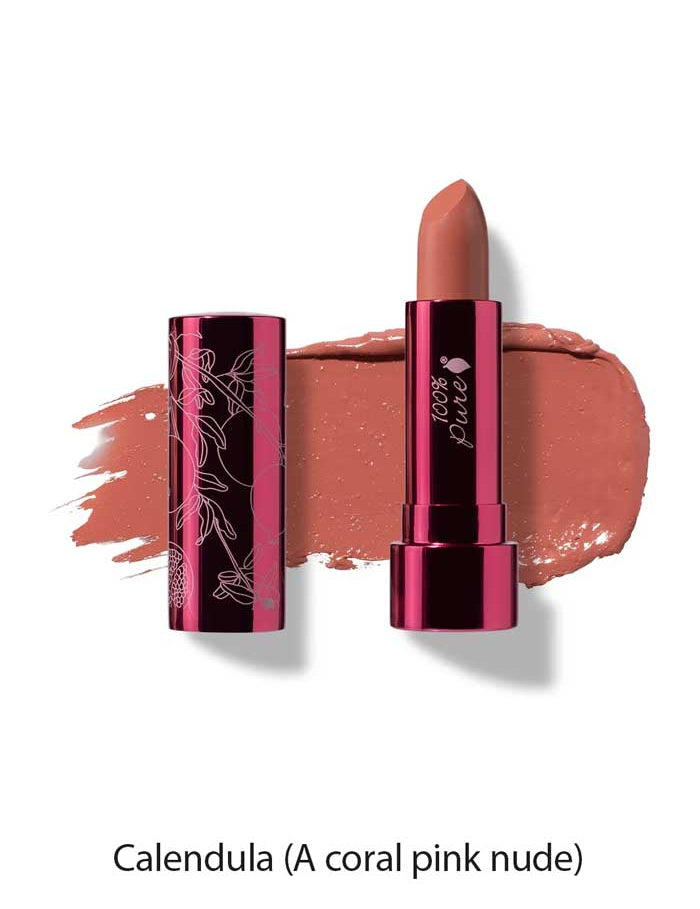 The 100% Pure Pomegranate Oil Moisturising Lipstick 4.5g in Calendula is a coral pink nude shade, shown with its shiny pink tube next to a swatch. Text reads: Calendula (A coral pink nude).