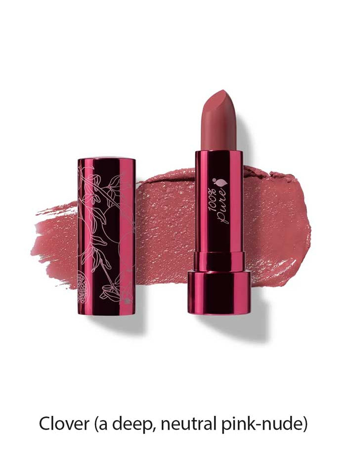 A tube of 100% Pure Pomegranate Oil Moisturising Lipstick 4.5g in a metallic pink-floral case, shown open with lipstick and a swatch of deep, neutral pink-nude behind it. Text below reads: Clover, infused with pomegranate oil.