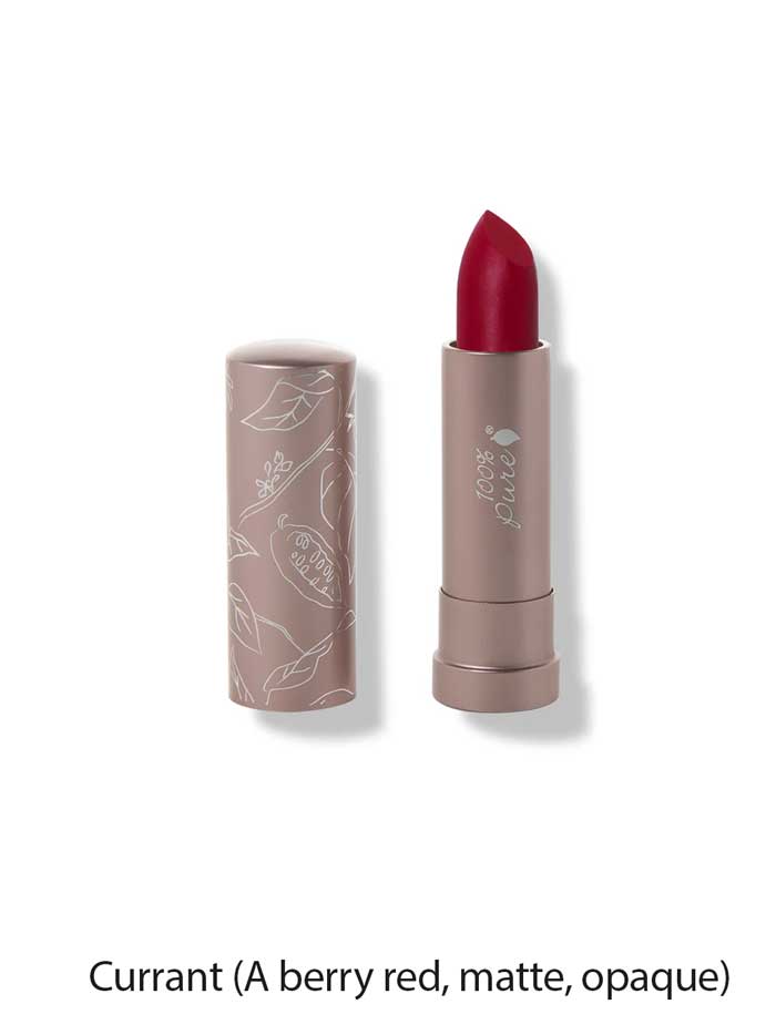 100% Pure Cocoa Butter Matte Lipsticks 4.5g in Currant: a vegan matte berry red shade with cocoa butter for comfort, in a taupe tube with floral designs. Shown uncapped next to lipstick. Text: Currant (A berry red, matte, opaque).
