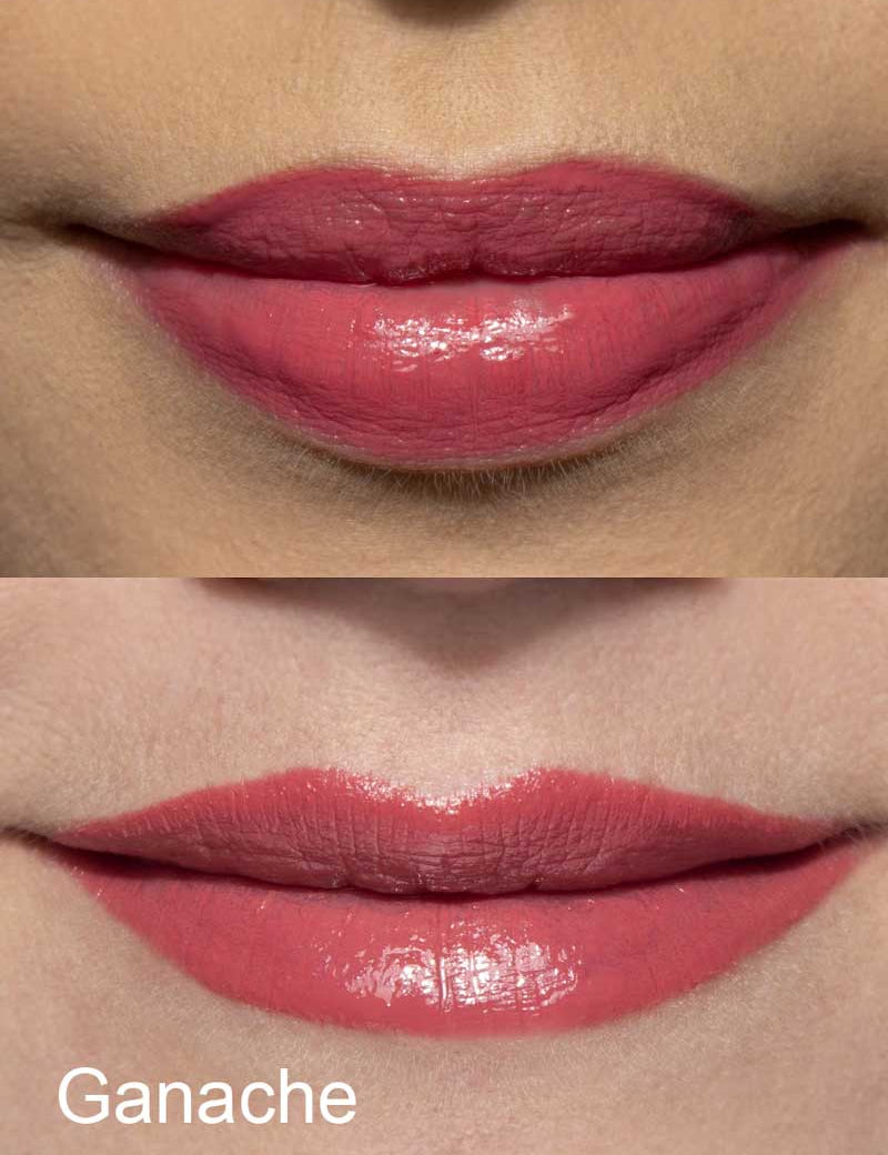 Close-up comparison of two sets of lips wearing 100% Pure Lip Caramel 5ml by 100% Pure, a glossy, mauve-pink vegan liquid lipstick, showing its full coverage and finish across different skin tones.