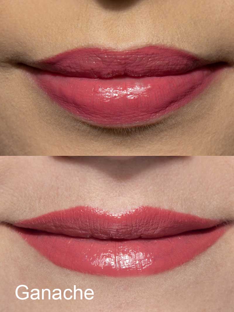 Close-up comparison of two sets of lips wearing 100% Pure Lip Caramel 5ml by 100% Pure, a glossy, mauve-pink vegan liquid lipstick, showing its full coverage and finish across different skin tones.