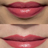 Close-up comparison of two sets of lips wearing 100% Pure Lip Caramel 5ml by 100% Pure, a glossy, mauve-pink vegan liquid lipstick, showing its full coverage and finish across different skin tones.