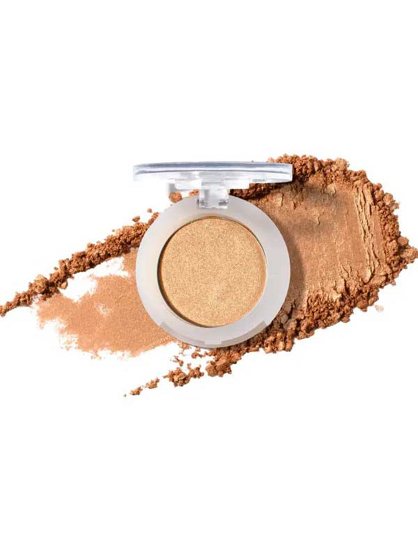 The open compact of 100% Pure Pressed Eye Shadow 2g by 100% Pure shows shimmery gold powder with a clear lid; natural mineral shimmer is swatched and scattered on a white background.