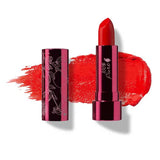 A tube of 100% Pure Pomegranate Oil Moisturising Lipstick 4.5g (vegan, deep red-coral) sits uncapped on a matching swatch. The label reads Hibiscus—a hydrating formula for bold, vibrant lips.