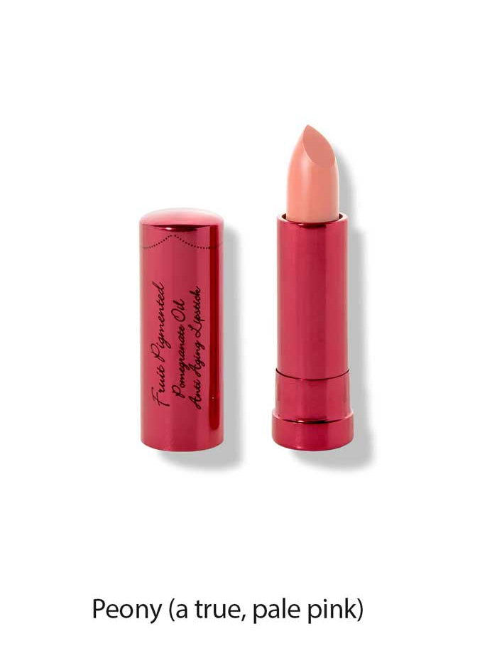 A tube of 100% Pure Pomegranate Oil Moisturising Lipstick (4.5g) in Peony— a true, pale pink— sits on a white background with its shiny pink cap beside it. This vegan formula is enriched with pomegranate oil for soft, hydrated lips.