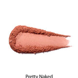 A swatch of matte, peachy-pink 100% Pure Rice Powder Pressed Blush 9g on a white background, labeled Pretty Naked below, highlights a natural flush with buildable coverage.