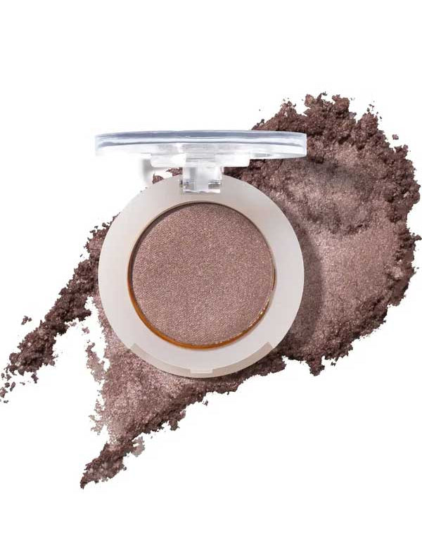 100% Pure Pressed Eye Shadow 2g by 100% Pure: A shimmery taupe single pan with a clear lid, surrounded by matching loose powder on a white background—crafted with natural mineral shimmer for a luminous finish.