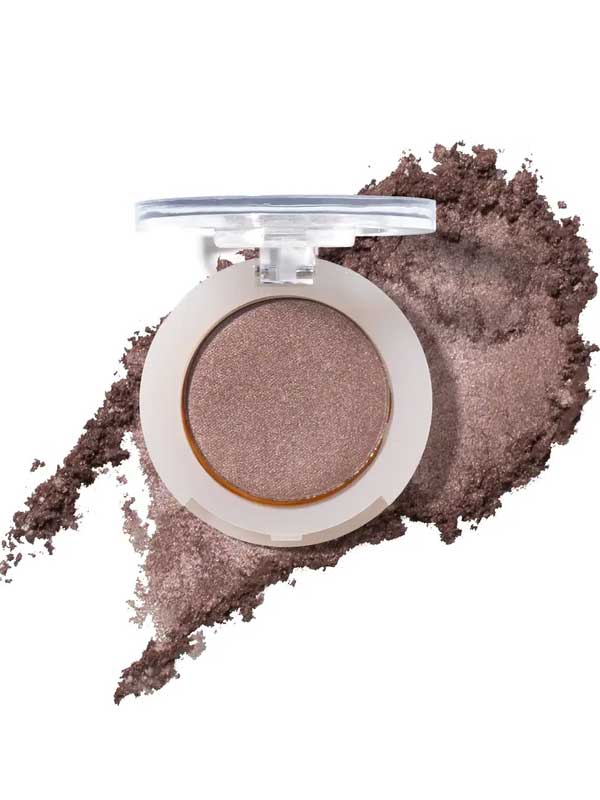 100% Pure Pressed Eye Shadow 2g by 100% Pure: A shimmery taupe single pan with a clear lid, surrounded by matching loose powder on a white background—crafted with natural mineral shimmer for a luminous finish.