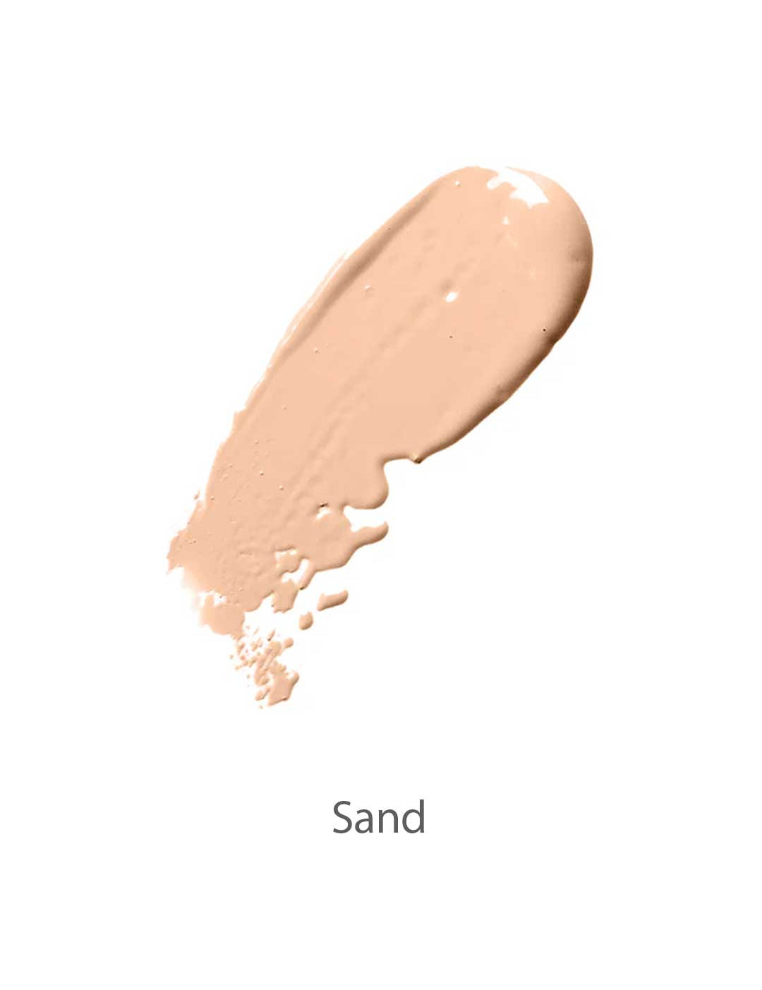 A swatch of 100% Pure Cream Foundation 9g in the Sand shade, shown on a white background, features a smooth satin finish in a light beige tone.