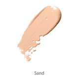 A swatch of 100% Pure Cream Foundation 9g in the Sand shade, shown on a white background, features a smooth satin finish in a light beige tone.